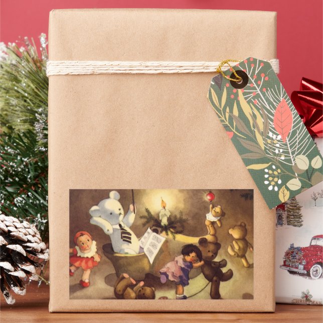 Pegatina Rectangular Juguetes Navideños Antiguos, Muñecas Bailarinas, O (Vacaciones)