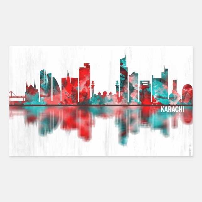 Pegatina Rectangular Karachi Skyline Pakistan (Anverso)