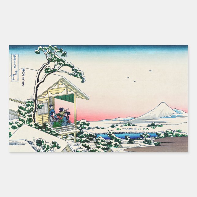 Pegatina Rectangular Katsushika Hokusai - Casa de té en Koishikawa (Anverso)