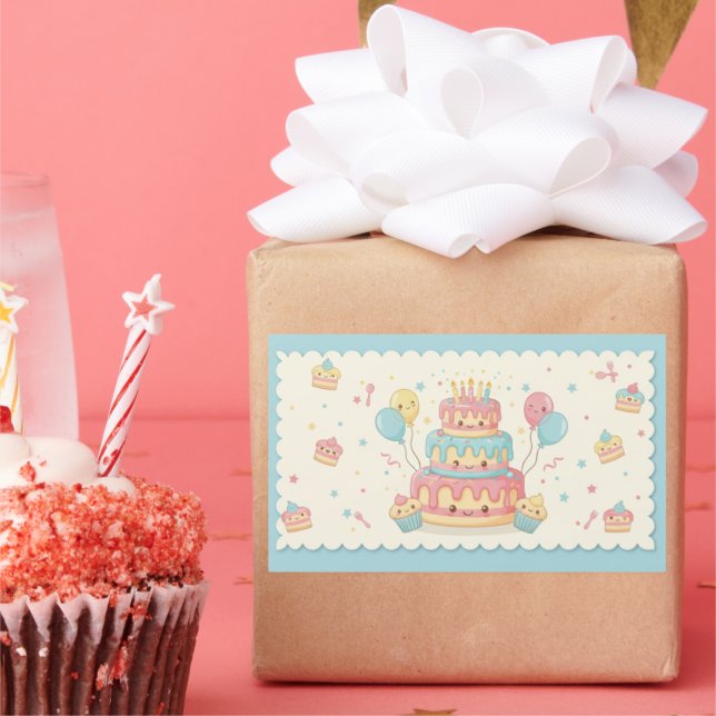 Pegatina Rectangular Kawaii Birthday - Cute Cake and Cupcakes (Fiesta)