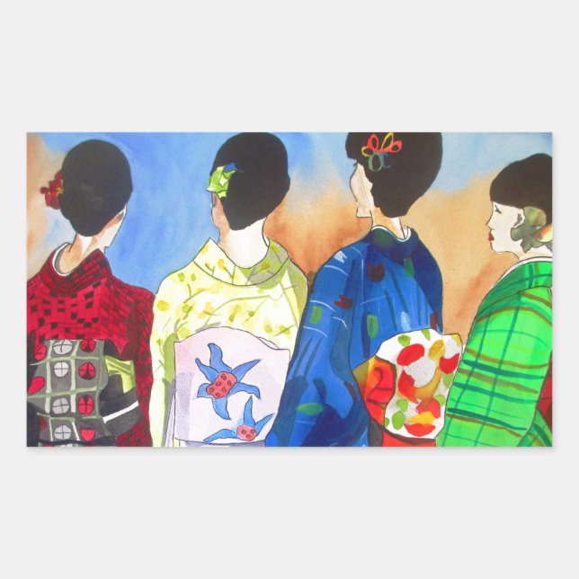 Pegatina Rectangular Kimono de primavera arte japonés Geisha (Anverso)