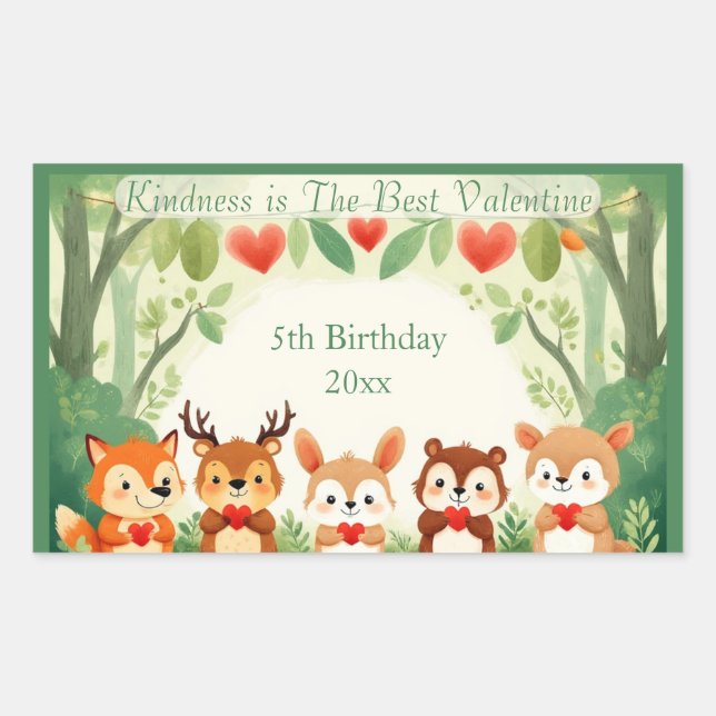 Pegatina Rectangular Kindness Best Valentine Nursery Woodland Animals  (Anverso)
