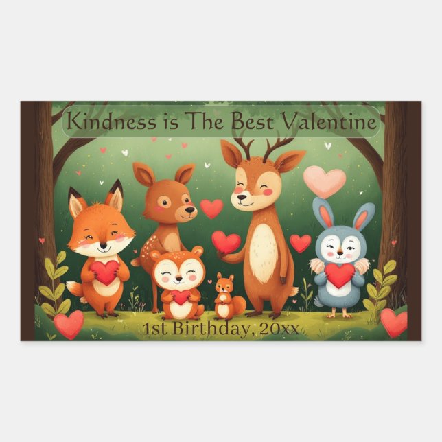 Pegatina Rectangular Kindness Best Valentine Woodland Animals Birthday  (Anverso)