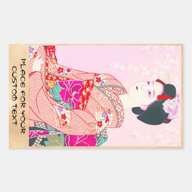 Pegatina Rectangular Kioto Brocade, cuatro hojas - Primavera japonesa (Anverso)