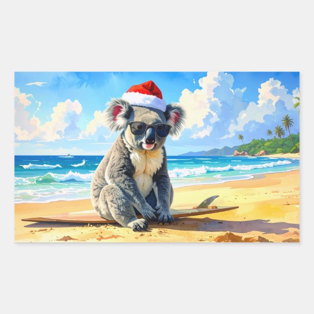 Pegatina Rectangular Koala de sol y olas con sombrero de Santa en una N (Anverso)