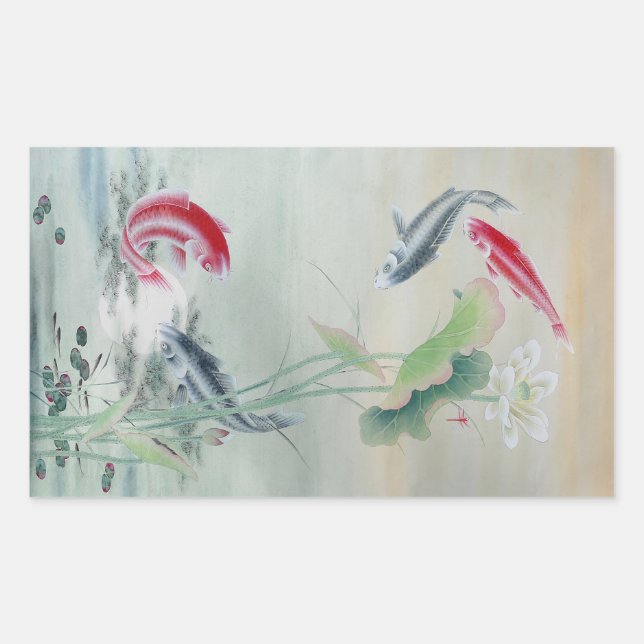 Pegatina Rectangular Koi Fish con Lotus (Anverso)