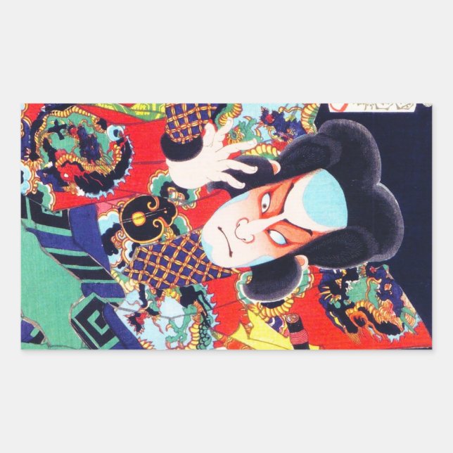 Pegatina Rectangular kunichika samurai guerrero oriental japonés de Gua (Anverso)