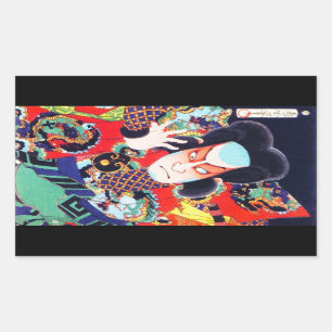 Pegatina Rectangular kunichika samurai guerrero oriental japonés de Gua