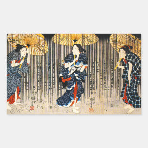 Pegatina Rectangular Kuniyoshi tres mujeres con Pegatinas de paraguas