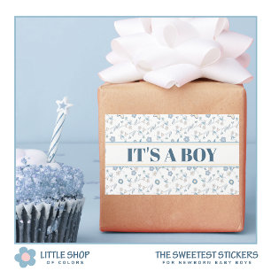 Pegatina Rectangular La floral azul Baby Shower es un niño