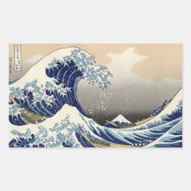 Pegatina Rectangular La Gran Ola frente a Kanagawa Hokusai (Anverso)