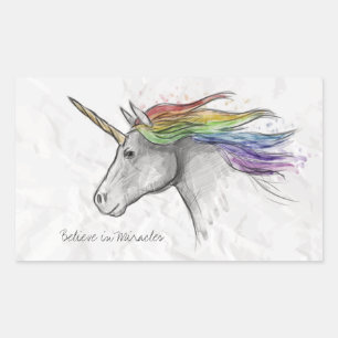Pegatina Rectangular La Mano Dibujó Unicornio Magico. Crean en los mila