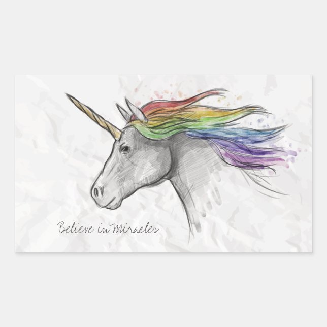 Pegatina Rectangular La Mano Dibujó Unicornio Magico. Crean en los mila (Anverso)