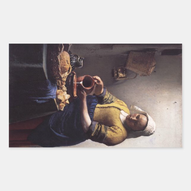 Pegatina Rectangular La Milkmaid de Johannes Vermeer (Anverso)