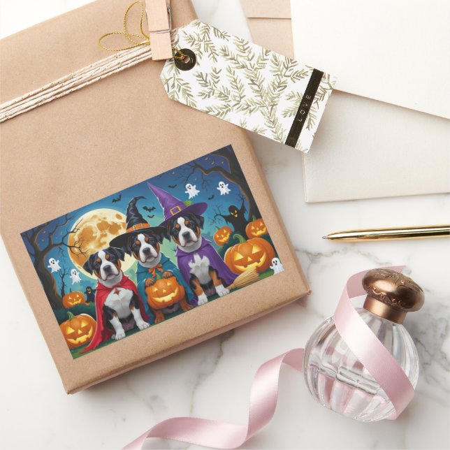 Pegatina Rectangular La norteamericana Staffordshire Dog Pumpkin Hallow (Regalar)