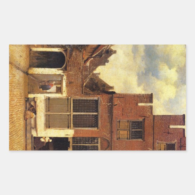 Pegatina Rectangular La pequeña calle de Johannes Vermeer (Anverso)