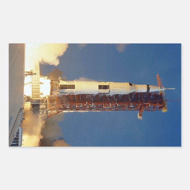 Pegatina Rectangular La Tierra tiembla cuando el Saturn V ilumina el ci (Anverso)