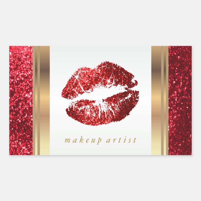Pegatina Rectangular Labios de Purpurina rojo y elegantes acentos dorad (Anverso)