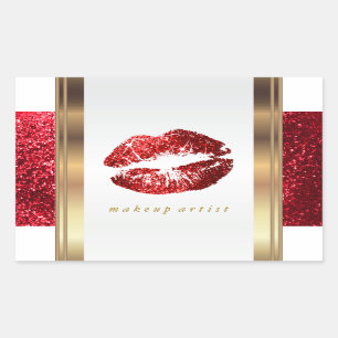 Pegatina Rectangular Labios de Purpurina rojo y elegantes acentos dorad