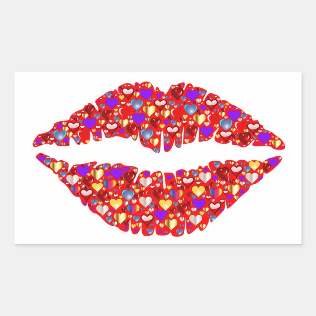 Pegatina Rectangular Labios Rojos Caprichosos Besan Corazones de Gemas  (Anverso)
