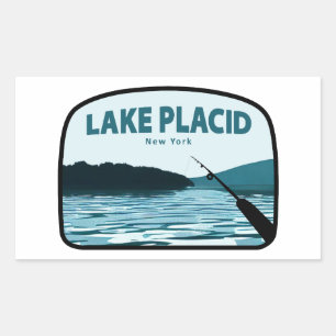 Pegatina Rectangular Lake Placid New York Fish Rod