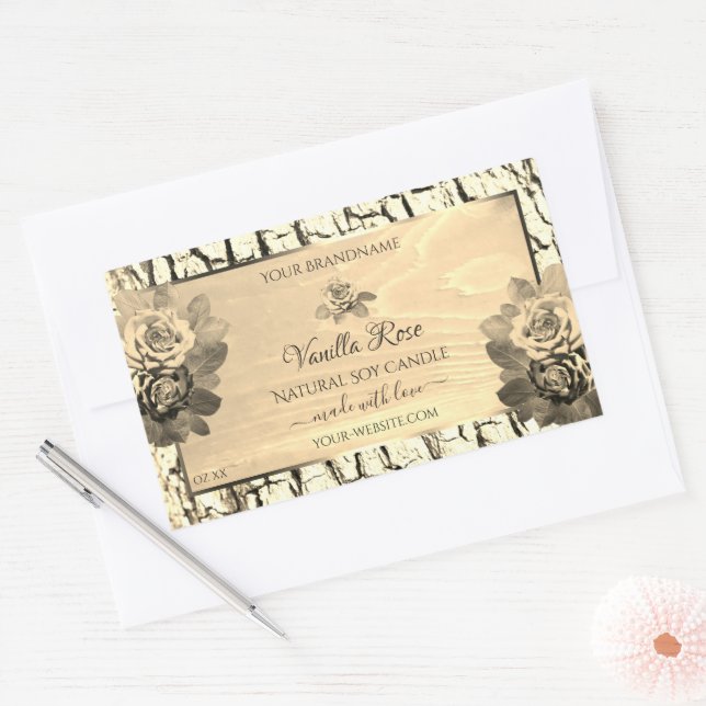 Pegatina Rectangular Láminas de Rosas Sepia de madera marrón claro (Sobre)