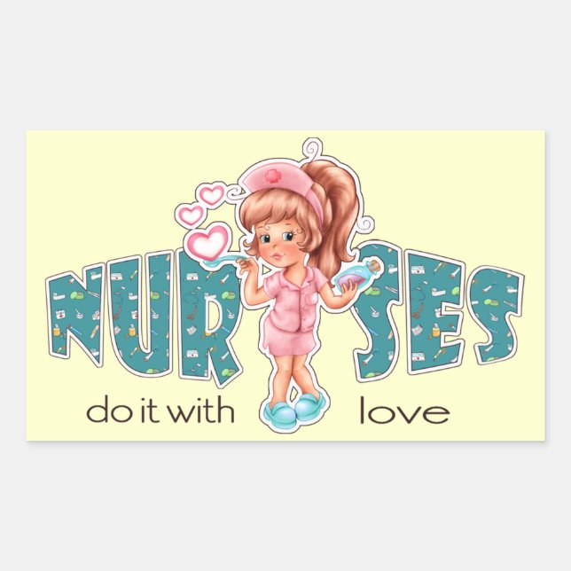 Pegatina Rectangular Las enfermeras lo hacen con amor. Enfermera Cute (Anverso)