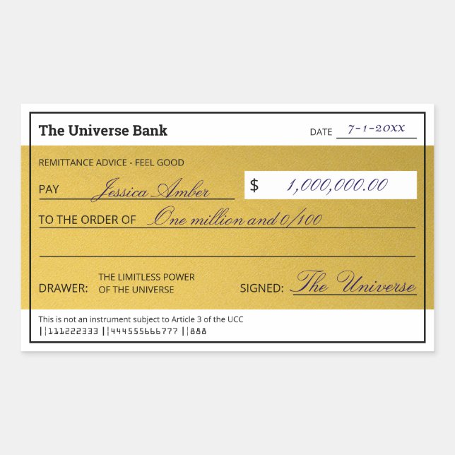 Pegatina Rectangular Law of Attraction Elegant Gold Abundance Check (Anverso)