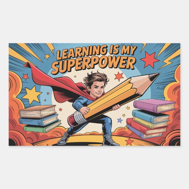 Pegatina Rectangular Learning Is My Superpower – Heroic School (Anverso)