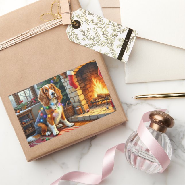 Pegatina Rectangular Lebrel afgano chimenea con luces de Navidad (Regalar)