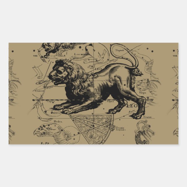 Pegatina Rectangular Leo Constellation Map Hevelius circa 1690 (Anverso)