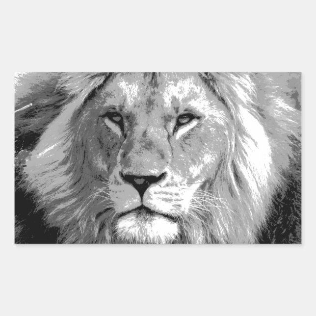 Pegatina Rectangular León blanco negro (Anverso)