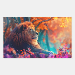 Pegatina Rectangular León Majestuoso en Diseño de Bosque Encantado