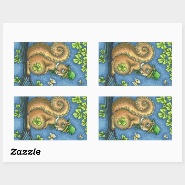 PEGATINA RECTANGULAR LEPRECHAUN IRISH SQUIRREL, PEGATINAS DE SUERTE (Hoja)