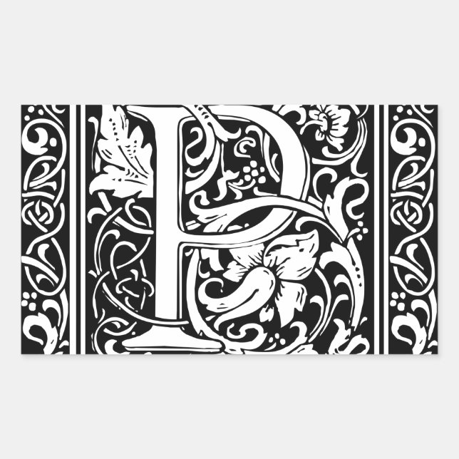 Pegatina Rectangular Letra P Monograma Medieval Art Nouveau (Anverso)