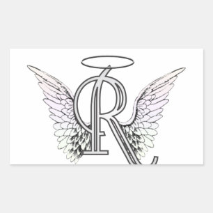 Pegatina Rectangular Letra R Monograma inicial con Angel Wings & Halo