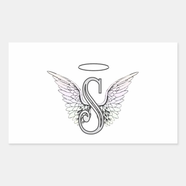 Pegatina Rectangular Letra S Monograma inicial con Angel Wings & Halo (Anverso)