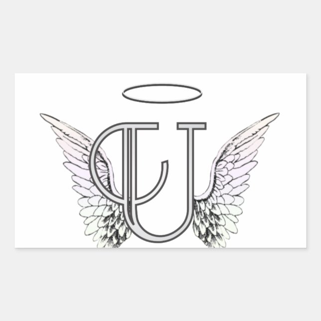 Pegatina Rectangular Letra U Monograma inicial con Angel Wings & Halo (Anverso)