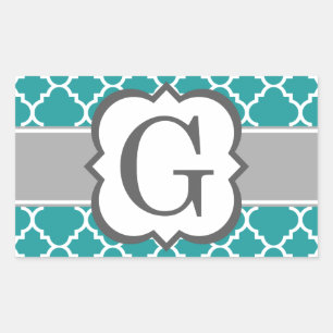 Pegatina Rectangular Letra verde azulada azul monograma G quatrefoil