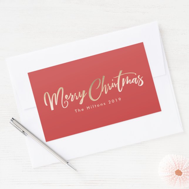 Pegatina Rectangular Letras Feliz Navidad Hoja de Oro Rojo Navidad (Sobre)
