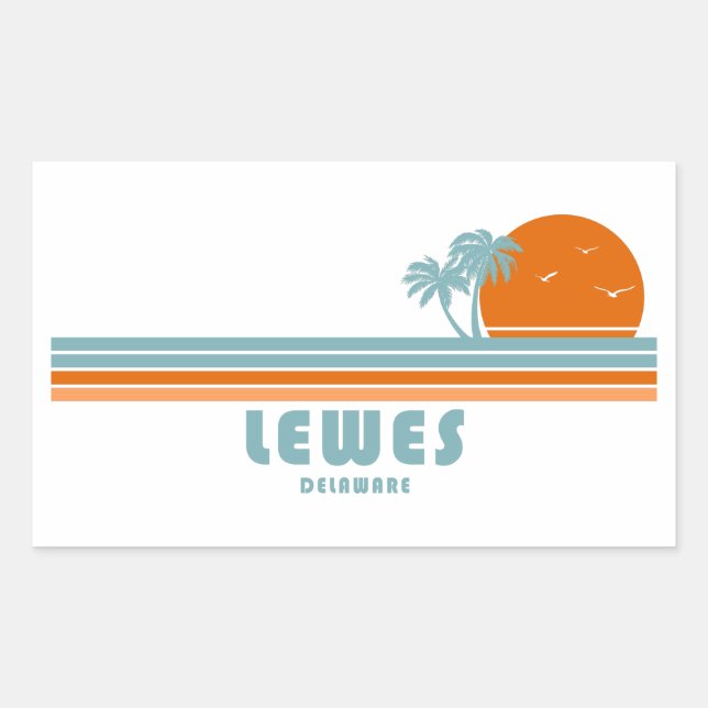 Pegatina Rectangular Lewes Delaware Sun Palm Trees (Anverso)