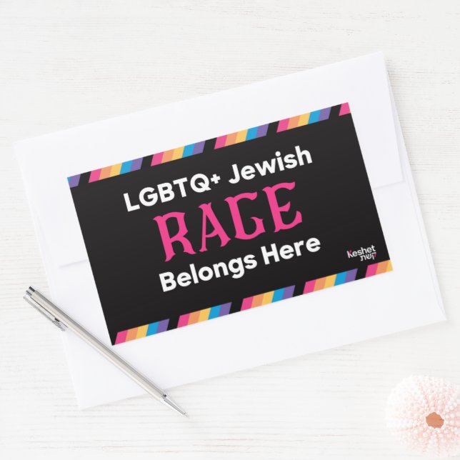 Pegatina Rectangular LGBTQ+ Jewish Rage Belongs Here (Sobre)