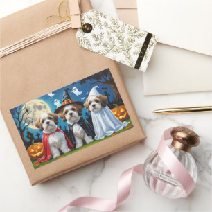 Pegatina Rectangular Lhasa Apso Dogs Pumpkin Halloween Funny