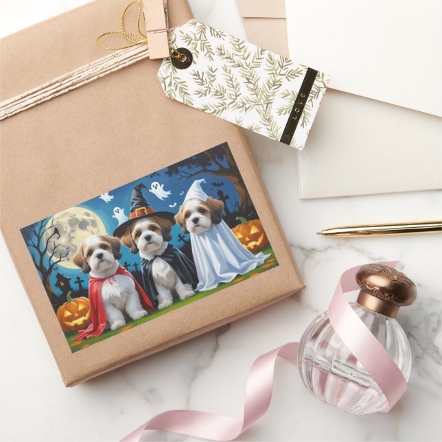 Pegatina Rectangular Lhasa Apso Dogs Pumpkin Halloween Funny (Regalar)