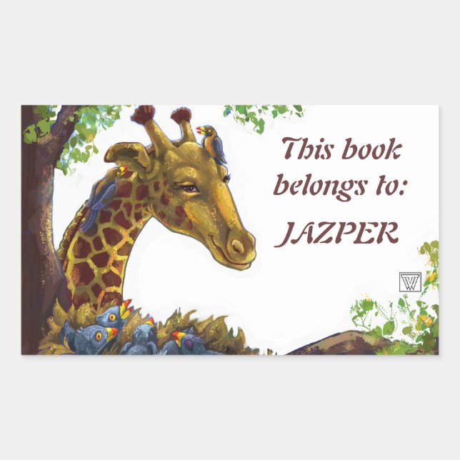 Pegatina Rectangular Librería de jirafas y Oxpeckers (Anverso)