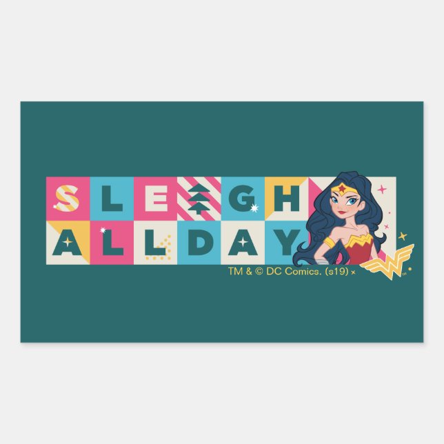 Pegatina Rectangular Liga de Justicia Mujer Maravilla "Sleigh All Day" (Anverso)