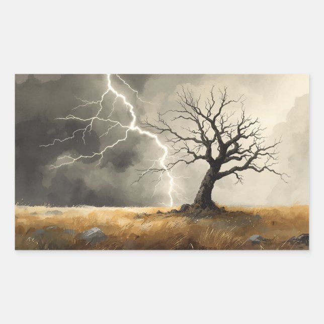 Pegatina Rectangular lightning striking tree paintings. 🌩️🌳 (Anverso)