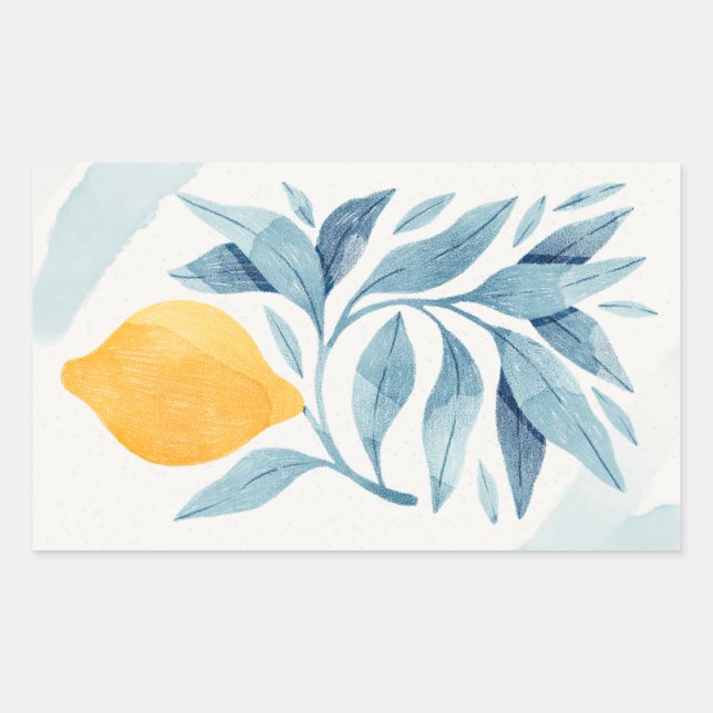 Pegatina Rectangular Limón con hojas azules ilustracion botánico (Anverso)