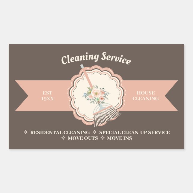 Pegatina Rectangular Limpieza en casa de caligrafía Janitorial marrón (Anverso)