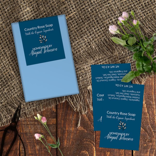 Pegatina Rectangular Line Art Leaves Handmade Blue Soap Label (Line Art Leaves Blue Homemade Soap Label 🧼 Customize On Screen Now 
)